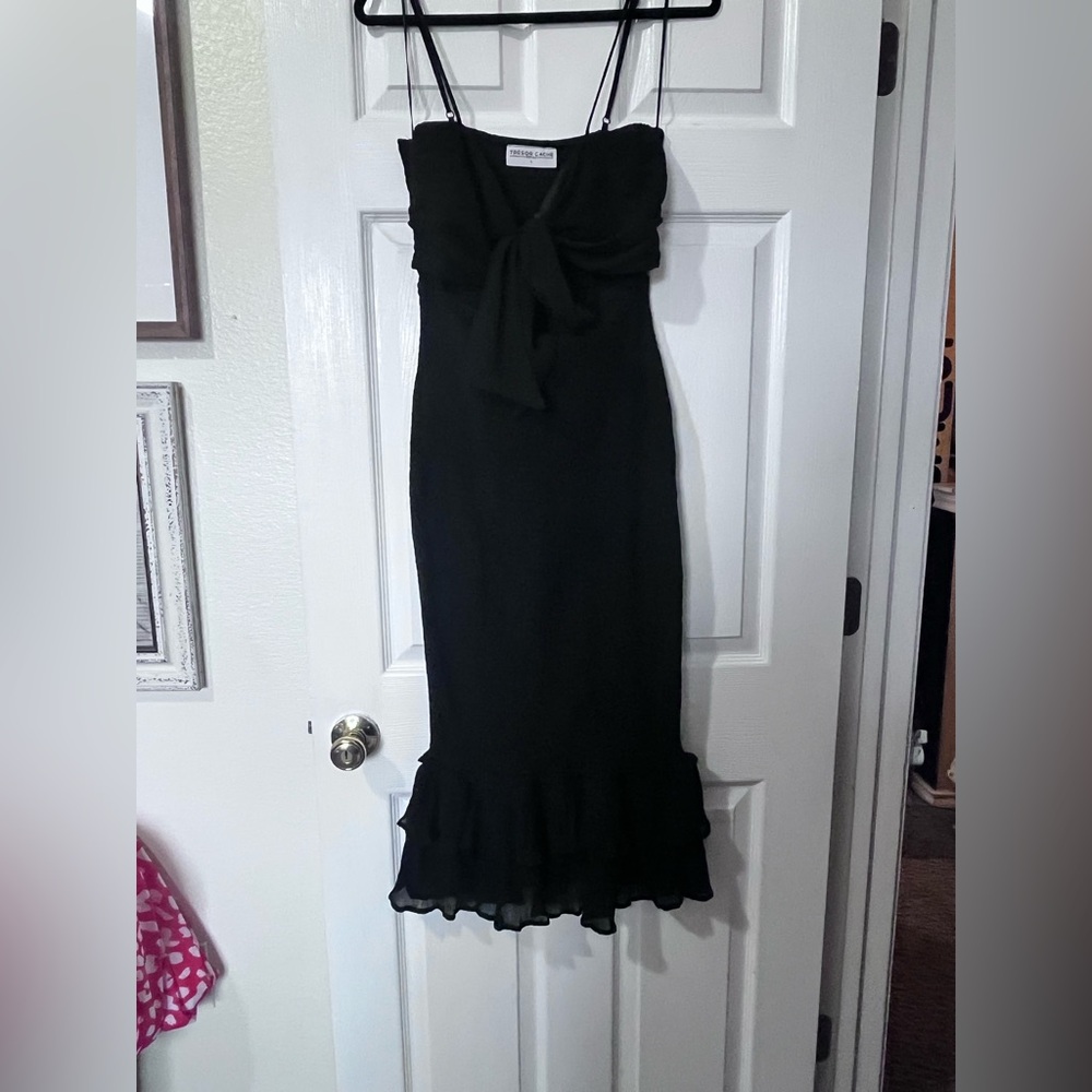 Black Ruffled Tie Front Sheath Midi Dress